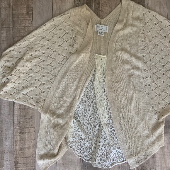 The Cue Cher Qu Natural Beige Crochet Knit Lace Inset Cotton Sweater Shrug SZ S - Picture 6 of 11